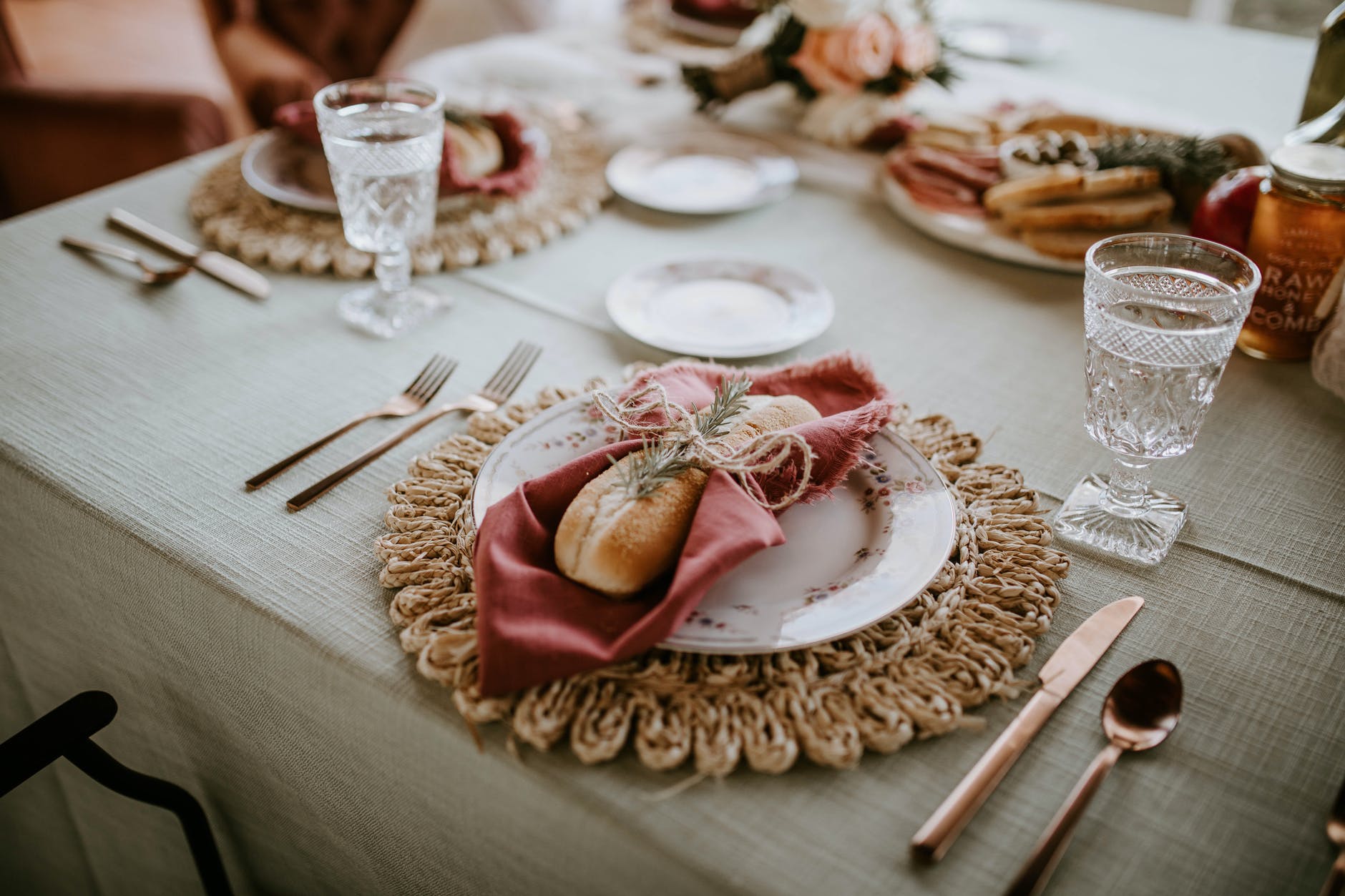 table setting with dinnerware and food for occasion